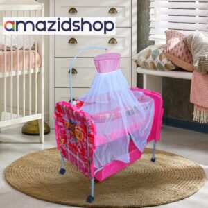 Baby Bed With Swing M7dx In Metal Frame Cot & Cradle With Stand Support & Mosquito Net - Pink, Amazidshop
